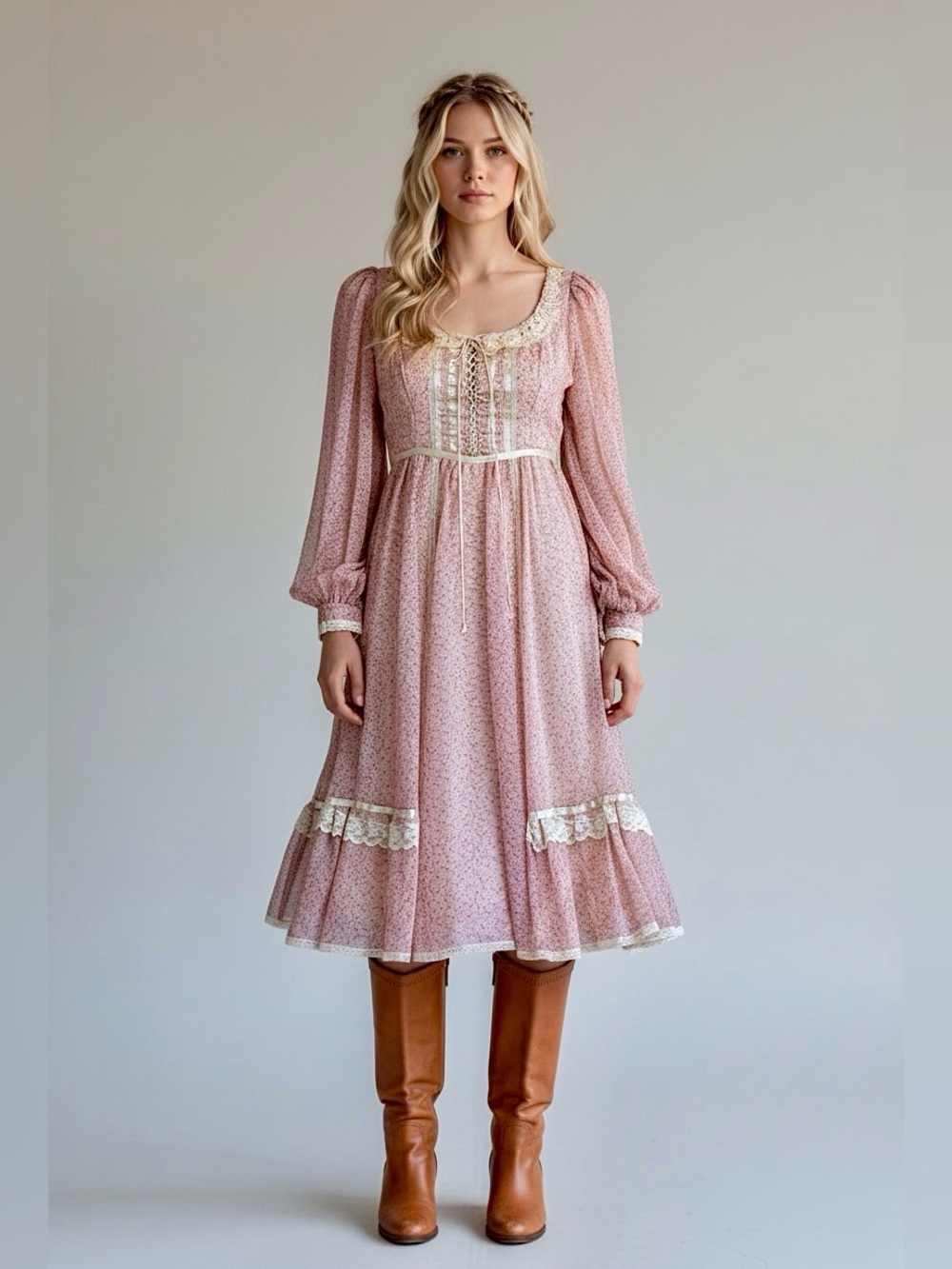 Dusty Pink Calico CORSET Prairie Dress / XS XXS / Deadstock